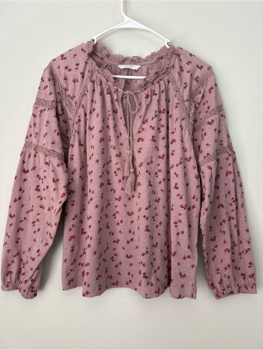 Lucky Brand Boho Blouse Womens Pink Floral Tie Long Sleeve Top V-Neck Medium